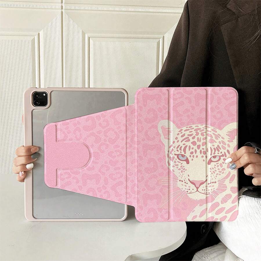 1件可愛粉色豹紋獵豹藝術 360°旋轉多角度支撐平板保護殼，相容 iPad Air 6/5/4 &10 (10.9 吋) - 相容 iPad Pro 2024, Air M3/A16 2025, 相容 Galaxy Tab S9 FE/S8 Plus/S7/S10 - 適合工作、旅行與居家放鬆，相容 、相容 、相容