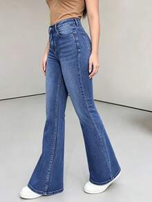 YANGCANREN Celana Jeans Model Flare dengan Kancing dan Kantong Serbaguna, Model Pinggang yang Dikencangkan, untuk Remaja Perempuan - Dusty Blue - View 5