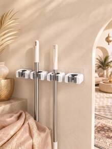 4pcs No-Drill Wall-Mounted Mop And Broom Holder, Strong Plastic Mop Rack And Broom Hook, Space-Saving Upright Cleaning Supplies Storage Rack, Suitable For Bathroom Storage, Kitchen Essentials, Apartment Essentials, Home Garage And Laundry Room, Easy Installation Without Screws - White - View 1