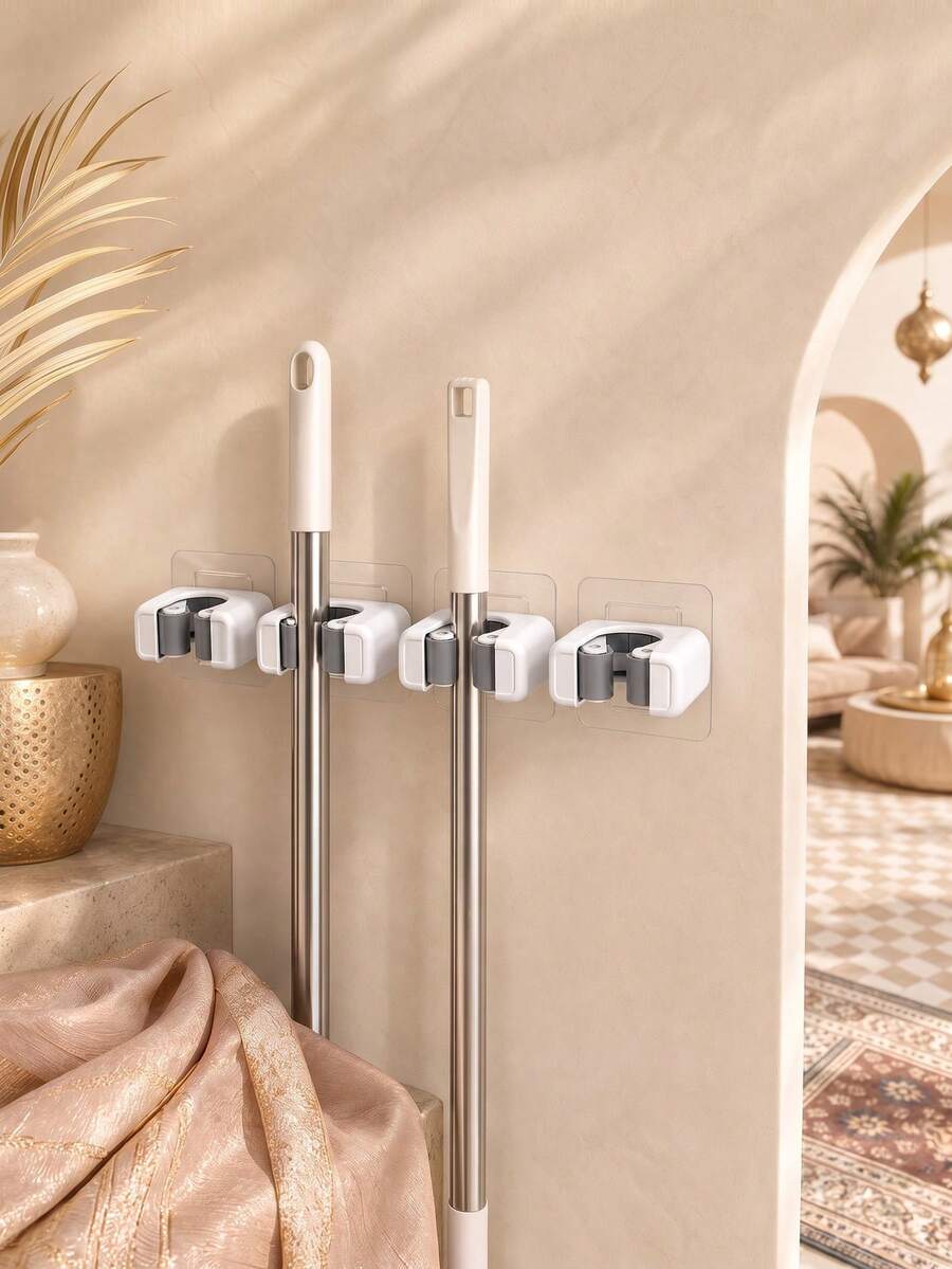 4pcs No-Drill Wall-Mounted Mop And Broom Holder, Strong Plastic Mop Rack And Broom Hook, Space-Saving Upright Cleaning Supplies Storage Rack, Suitable For Bathroom Storage, Kitchen Essentials, Apartment Essentials, Home Garage And Laundry Room, Easy Installation Without Screws - White - View 1