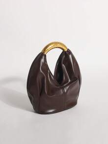 1pc Brown PU Ruffled Design Vintage Metal Hardware Handbag, Exquisite Fashion Zipper Bucket Bag, Suitable For Commuting And Shopping - Coffee Brown - View 5