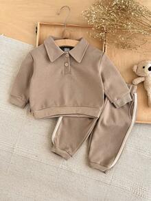 2Pcs/Set Korean Style Minimalist Baby Polo Collar Long Sleeve Sweatshirt & Side Stripe Jogger Pants Set, Unisex - Khaki - View 3