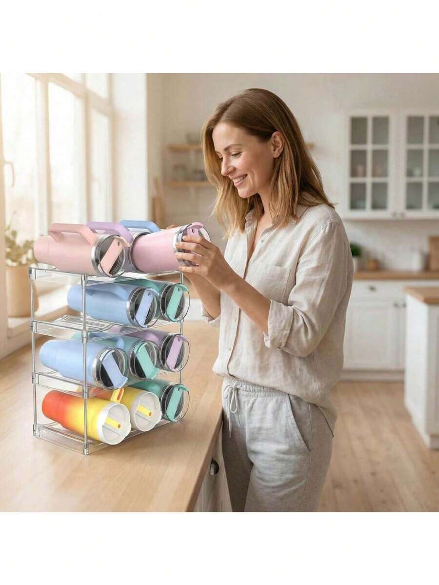 Multi-Layer Stackable 40oz Tumbler Storage Rack, PS Plastic Wine Bottle Holder, Multi-Functional Organizer, Easy Installation, Space-Saving, Dishwasher , Suitable For Kitchen, Dorm, Office - Transparent - Multicolor - View 1