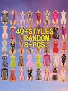 Plus Size Sexy Lingerie Set, Random 40pcs Select 8pcs Combination, Random Color, Women's Sexy Mesh Dress, Hollow Design, Open Crotch Bodycon Jumpsuit, Sexy Fishnet Strappy Lingerie - Multicolor - View 3