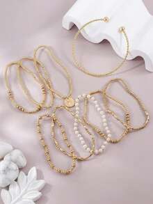 9pcs Fashion Vintage Versatile CCB Beaded Cross Pendant Bracelet Set, Twisted Open Bangle, Suitable For Daily Commute, Banquet, Party Wear - Gold - View 3