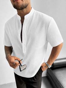 GloMan Old Money Style Men's White Textured Henley Collar Half-Button Loose Short Sleeve Polo Shirt, Suitable For Summer/Autumn Business, Vacation, Commuting, Gift For Father/Husband - White - View 1