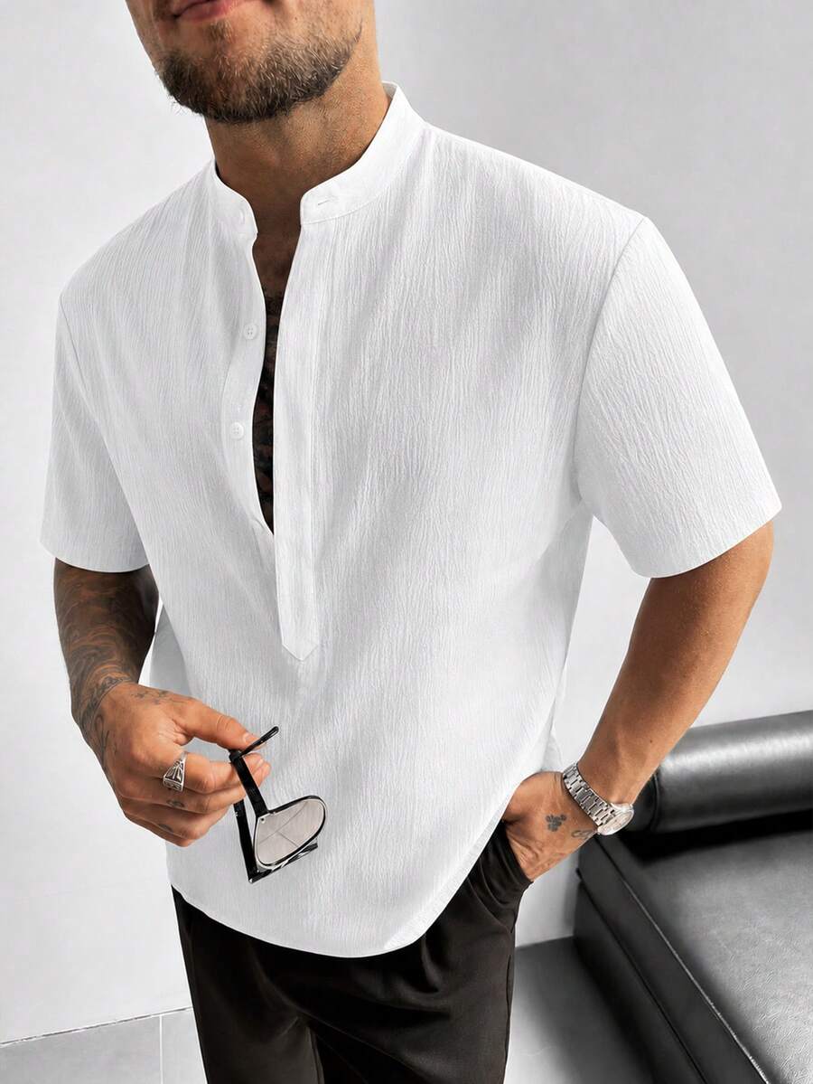 GloMan Old Money Style Men's White Textured Henley Collar Half-Button Loose Short Sleeve Polo Shirt, Suitable For Summer/Autumn Business, Vacation, Commuting, Gift For Father/Husband - White - View 1