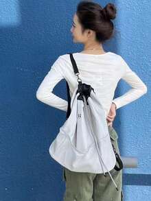 Japanese & Korean Style Niche Design Aesthetic Student Backpack, Commuter Daily Outing Shopping Fashion Star Drawstring Bucket Backpack, Travel Large Capacity Foldable Backpack For Female College Students - Grey - View 3