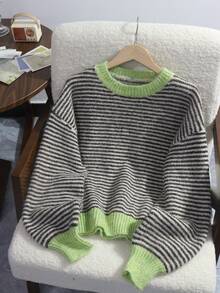 Women's Vintage Colorblock Striped Knit Sweater With Dropped Shoulders And Puff Sleeves, Winter Top For Casual, Commuting, Dating And Vacation Fall - Green - View 4