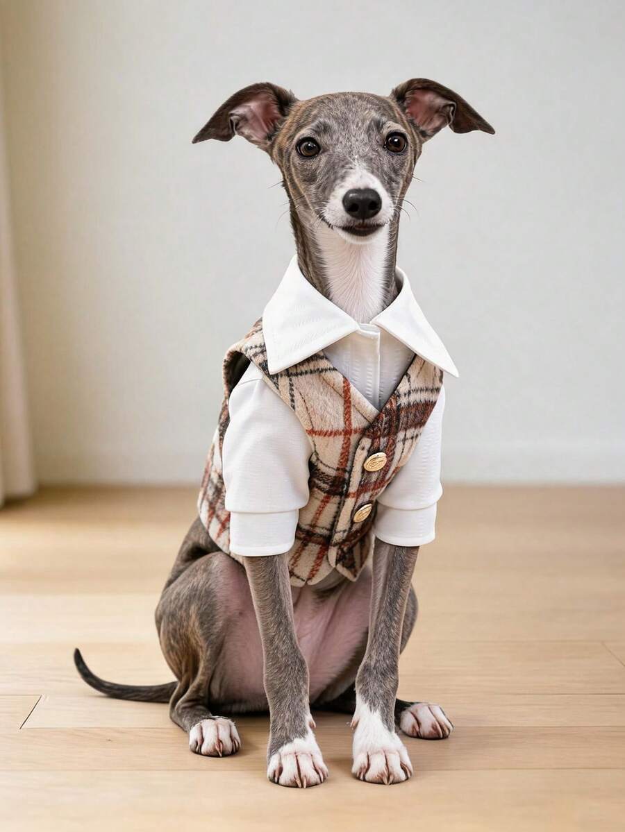PETCIRCLE 1件寵物衣服 狗貓適用 小狗可愛寵物 2合1翻領格紋學院風小紳士背心 - 咖啡格紋 - 咖啡棕 - 查看 1