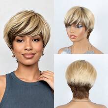 Fashion Layered Short Pixie Cut Human Hair Wig For Women With Bangs, 100% Human Hair, Gradient Brown To Blonde, Fully Machine Woven Elastic Mesh Cap, Ready To Wear For Holiday, Party And Daily Use - S4/27 - View 5