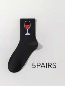 5/10 Pairs Black & White Wine Glass Sports Socks, Autumn/Winter New, Unisex Casual Versatile Socks, Suitable For Daily Wear - Multicolor - View 10