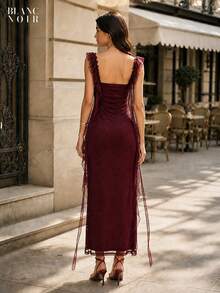 Burgundy| Women's Elegant Burgundy Sequin Mesh Ruffle Trim Bodycon Maxi Dress - 酒紅色 - 查看 4