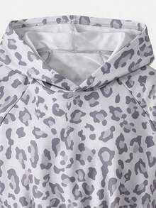 Setelan 2 Potong Sweatshirt Berkerudung Motif Leopard Abu-abu & Celana Panjang Lebar untuk Anak Perempuan, Lengan Raglan, Pinggang Bertali, Pakaian Kasual Longgar, Setelan Lintas Batas untuk Anak Perempuan - Grey - View 4