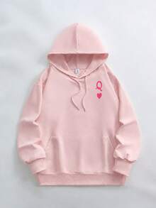 Poker Card Heart Letter Print Sweatshirt, Plus Size Women's Casual Autumn/Winter Long Sleeve Pocket Sweatshirt Sweatshirt Pink - Pink - View 3