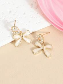 French Style Heart Bow Earrings, Delicate Atmosphere Dangle Earrings - Multicolor - View 2