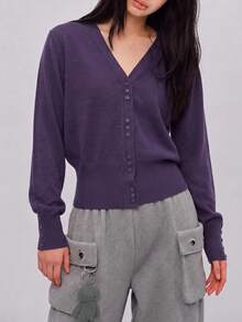 Women's Autumn/Winter Minimalist Elegant V-Neck Cardigan Knit Sweater Fall - Purple - View 3