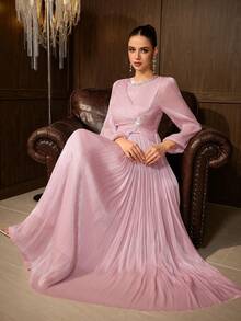 Elegant Pink Evening Gown With Rhinestones, Long Bishop Sleeves, Flared Skirt, Round Neck Formal Dress - Baby Pink - View 5