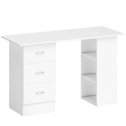 Computer Desk, Writing Table, PC Workstation With 3 Storage Shelves And Drawers, Silver Handle, Home Office, White On-Site