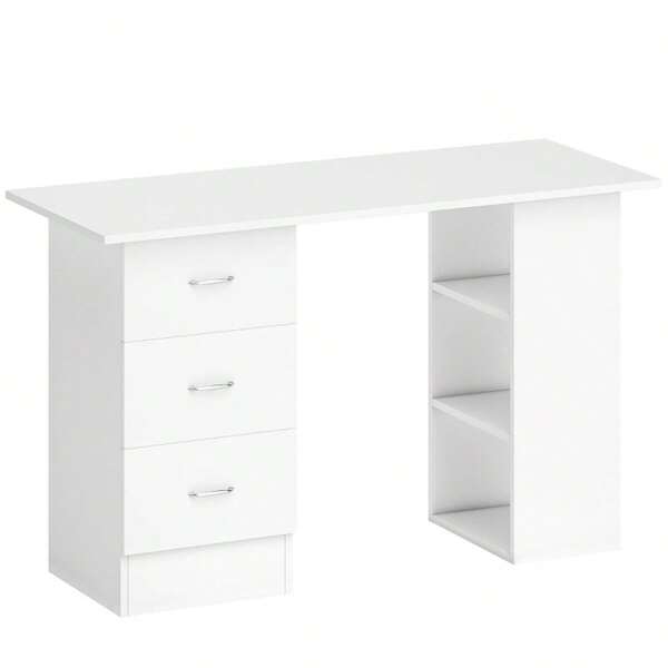 Computer Desk, Writing Table, PC Workstation With 3 Storage Shelves And Drawers, Silver Handle, Home Office, White On-Site