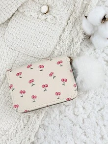 Ladies' Cherry Print Zipper Credit Card Clip Bag, Featuring A Stylish Pom Pom Accent, Card Short Wallet, Multi Slot Coin Wallet - White - View 3