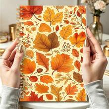 1pc A5 Spiral Coil Ruled Notebook, Orange & Gold Autumn Leaf Pattern, Universal Office & Study Notebook, Suitable For Back To School, Student Notebook, Student Essentials & Office Use, Holiday Gift Selection - Multicolor - View 2