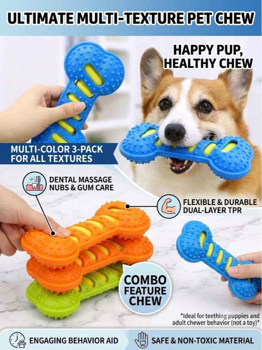 Durable Squeaky Rubber Bone Chew Toy For Dogs, Teeth Cleaning Toy For Small, Medium And Large Dogs, Boredom Relief Pet Toy