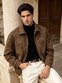 Men's Winter Long Sleeve Turn Collar Jacket, Suitable For Daily Commute, Vacation, Gift Giving - Coffee Brown - View 3