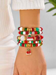 5pcs/Set Christmas Tree Bell Beaded Bracelets, Christmas Gift - Multicolor - View 2