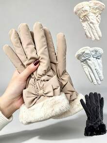 1 Pair Women's Warm Lined Cycling Gloves, Bow Decor Fleece Cuff Detail, Touchscreen Compatible, Winter Warm Gloves, Suitable For Cycling, Outdoor Daily Wear In Cold Weather, Halloween Accessory - Multiple Colors and Styles - View 2