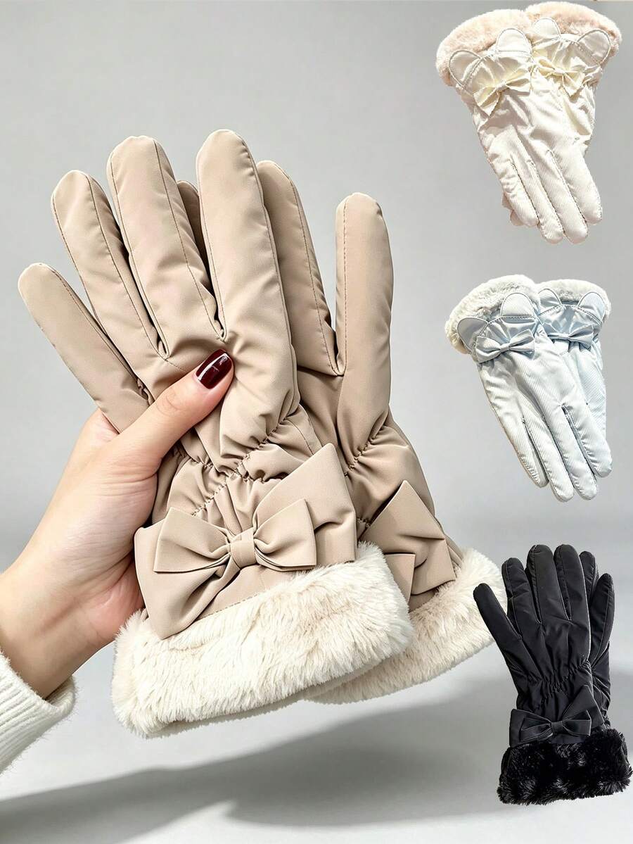 1 Pair Women's Warm Lined Cycling Gloves, Bow Decor Fleece Cuff Detail, Touchscreen Compatible, Winter Warm Gloves, Suitable For Cycling, Outdoor Daily Wear In Cold Weather, Halloween Accessory