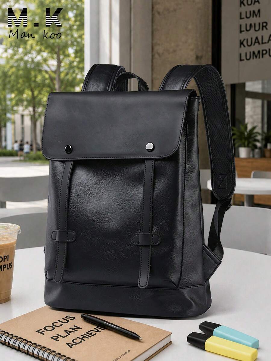 Tas Ransel Kulit PU Berkualitas Tinggi dengan Penutup Kapasitas Besar, Tas Laptop Mewah untuk Bisnis, Perjalanan, Tas Ransel Mahasiswa, Tas Ransel Modis untuk Pria - Hitam - View 1
