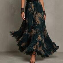 Boho Women Dark Green Floral Maxi Dress, Lace Trim V‑Neck Flutter Sleeve Waist Cinched Chiffon Long Dress For Beach Vacation Party Outfits - Navy Blue - View 5