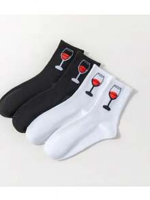 5/10 Pairs Black & White Wine Glass Sports Socks, Autumn/Winter New, Unisex Casual Versatile Socks, Suitable For Daily Wear - Multicolor - View 2
