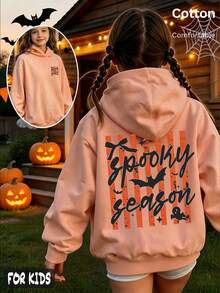 Halloween Girls Hoodie With Spooky Season Print, Black Bat & Skeleton Back Graphic, Long Sleeve Pullover - Hami Melon Orange - View 1