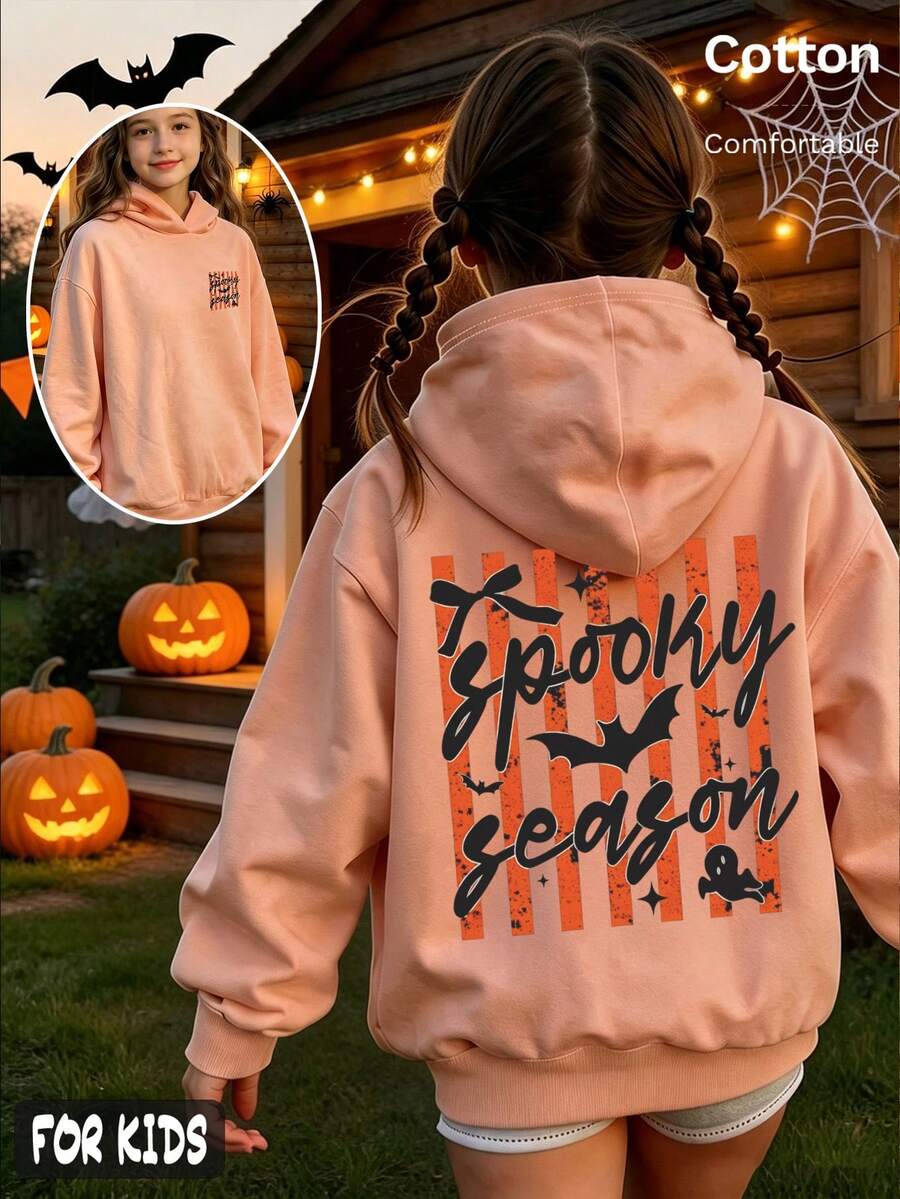 Halloween Girls Hoodie With Spooky Season Print, Black Bat & Skeleton Back Graphic, Long Sleeve Pullover - Hami Melon Orange - View 1