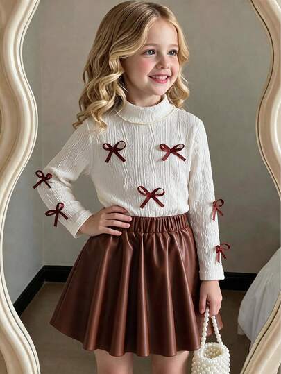 Conjunto de camiseta para niñas jóvenes, top de punto texturizado con cuello medio alto, decoración de lazo 3D con cinta y color contrastante, combinado con falda de PU, de moda para uso al aire libre