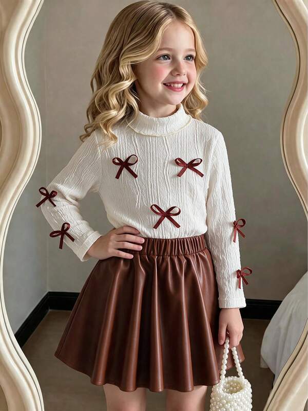 Young Girls T-Shirt Set, Textured Knit Half-High Neck Top With 3D Bow Ribbon Decoration And Contrast Color, Paired With PU Skirt, Fashionable For Outdoor Wear