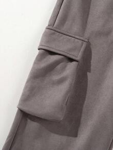 Retro Washed Fuzzy Cargo Tracksuit, Men Raglan Crew Neck Sweatshirt Drawstring Cargo Joggers Casual 2‑Piece Outfit - Dark Grey - View 8