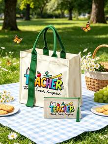 Vintage Green Ribbon Handbag With "Teacher" Letter Element And Tassel Mini Makeup Bag. Gift For Teachers, Teacher Letter Pattern, Matching Mini Storage Bag - Daily Commute, Shopping, Spring Outing, Travel Handbag Set, Foldable Handbag Summer Winter Essential Item For Shopping And Daily Use Suitable For Travelers And Teachers Daily Commute, Easter, Mother's Day, Teacher's Day, Spring Summer Gift Vacation And Perfect Choice For Gifting. - Green - View 6