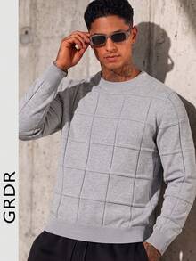 GRDR Men's Minimalist Solid Color Textured 3D Grid Jacquard Crew Neck Long Sleeve Knit Pullover Sweater - Grey - View 7