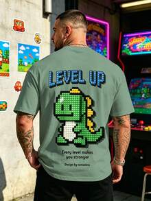 Plus Size Men's Retro Color Short Sleeve T-Shirt, Casual Sports Top, GAME ON Block Pixel Game Controller & Little Dinosaur Double-Sided Print Loose Fit Tee - Green - View 2