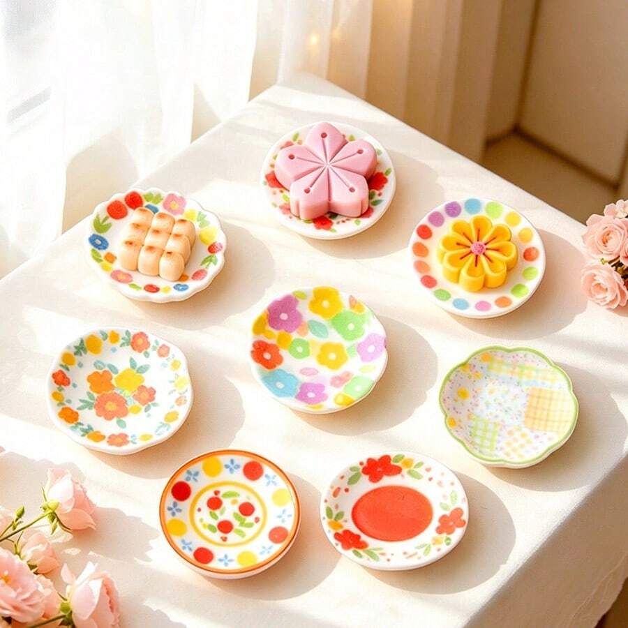 Miniature Colorful Floral Plate, 1:12 Dollhouse Kitchen Tableware Accessory, Pretend Play Toy, DIY Decoration Small Accessory, Micro Landscape Desktop Model Accessory, Miniature Food Restaurant Decor, Birthday Gift, Holiday Gift - A-Red - View 1