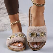 Vintage Square Rhinestone Decor Plush Slippers, Soft Flat Open Toe House Slippers, Matching Loose Loungewear Set, Dorm Home Gathering Outdoor Wear Exquisite Women's Slippers - Khaki - View 3