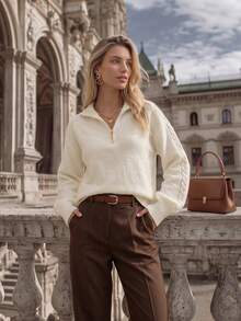 NiceArt Pull en tricot de laine à col demi-zip pour femmes, manches longues avec tricot torsadé sur les côtés, style décontracté ample, pull chaud pour l'automne/l'hiver - Blanc - Voir 3