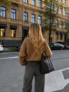 Women's Brown Polo Collar V-Neck Waffle Knit Loose Sweater, Dropped Shoulder Ribbed Hem Pullover, Earthy Collegiate Style Fall - Coffee Brown - View 7