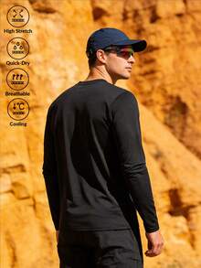 Men's Autumn Long Sleeve Quick Dry Elastic Crew Neck T-Shirt, Spring/Autumn Sports Fitness Casual Top - Black - View 3
