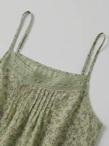 Sweet Ditsy Floral Loose Retro Lace Trim Camisole Dress, Versatile Elegant Vacation Summer - Green - View 6