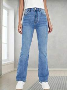 Teen Girl Classic Versatile Elastic Comfortable Flare Leg Jeans - Medium Wash - View 4