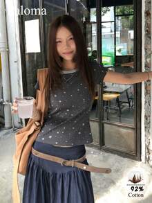 Kaos Lengan Pendek Wanita Model Slim Fit Leher Bulat Motif Bintang Vintage untuk Musim Panas - Dark Grey - View 1